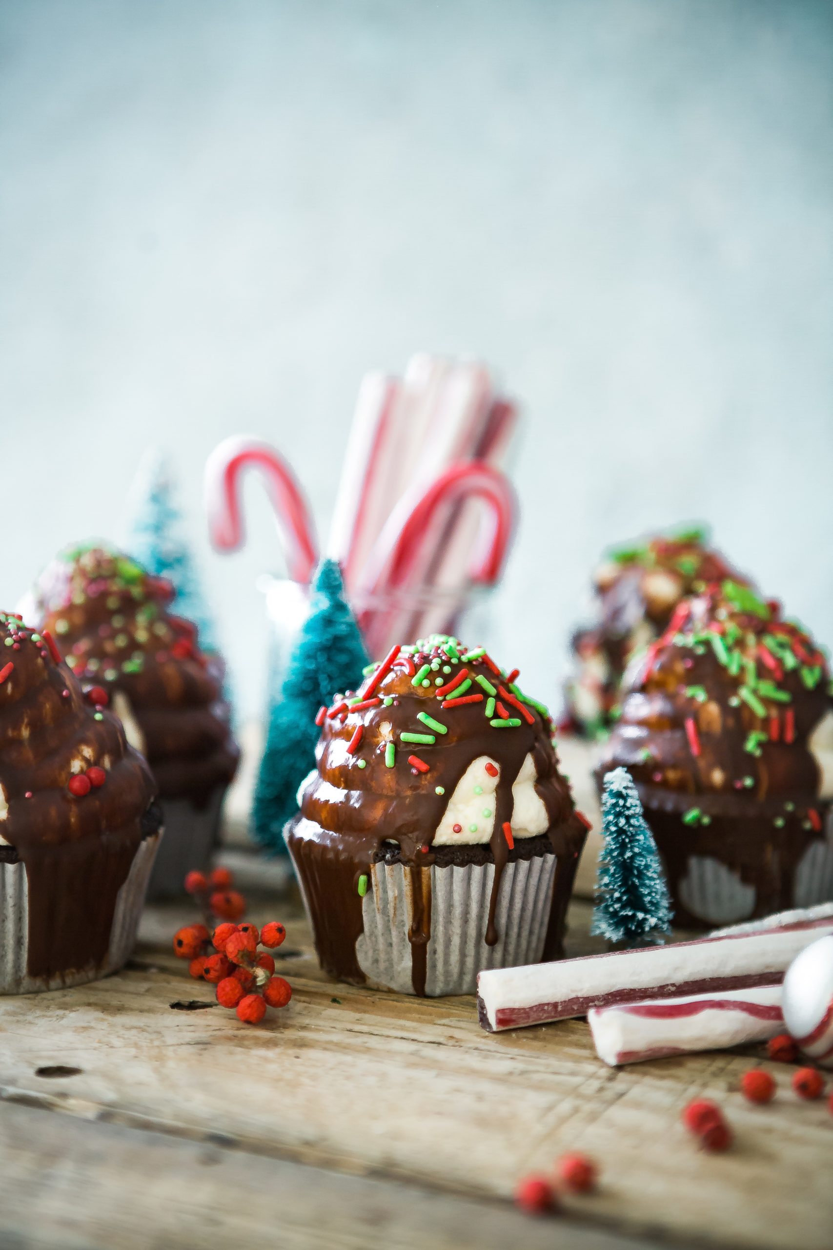 Christmas chocolate sprinkle cupcakes and candy canes on wooden table