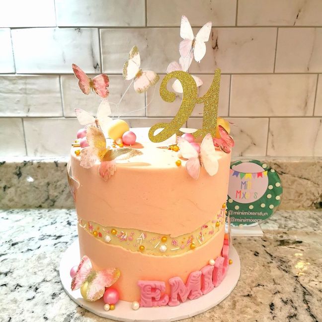 Pink and cream butterfly faultline 21st birthday cake