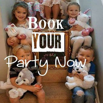 6 children sat on stairs with their cuddly bears with the words "Book Your Party Now"